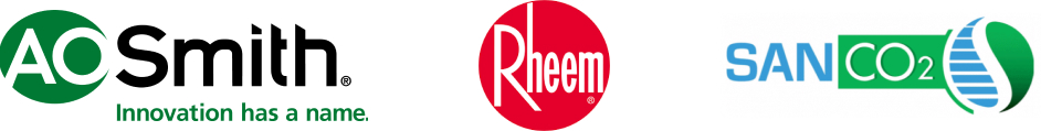 three water heater brand logos in a row