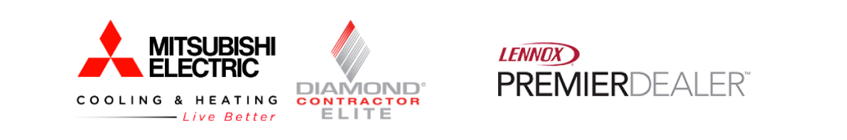 logos for mitsubishi electric, diamond contractor elite, and lennox premier dealer