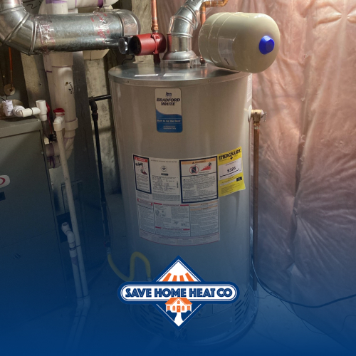 a tanked water heater unit connected to pipes