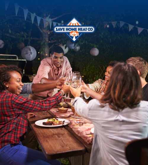 group of friend toasting on a back patio