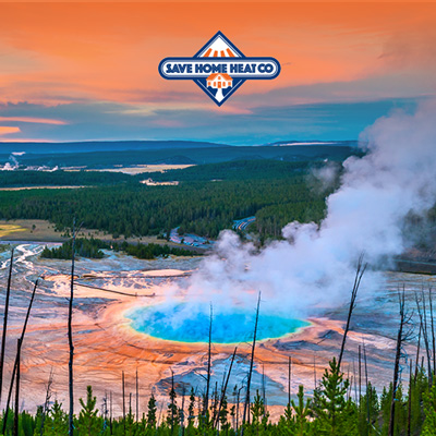 Grand Prismatic Geyser at Sunset photographed from the Hill