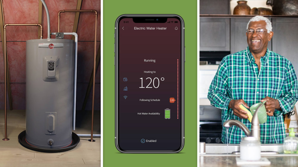 heat pump water heater - Rheem 1 unit with smart phone and man washing dishes