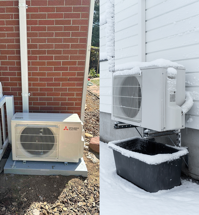 two images of heat pumps in both summer and winer