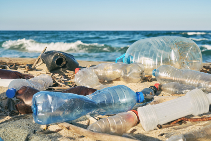 water bottles on beach