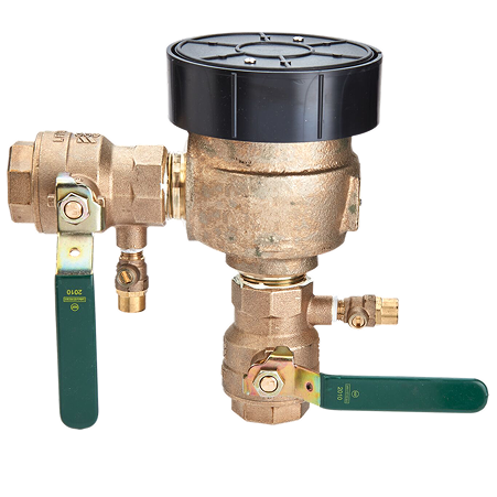 a gold water valve with two green rubberized handles for adjusting water flow